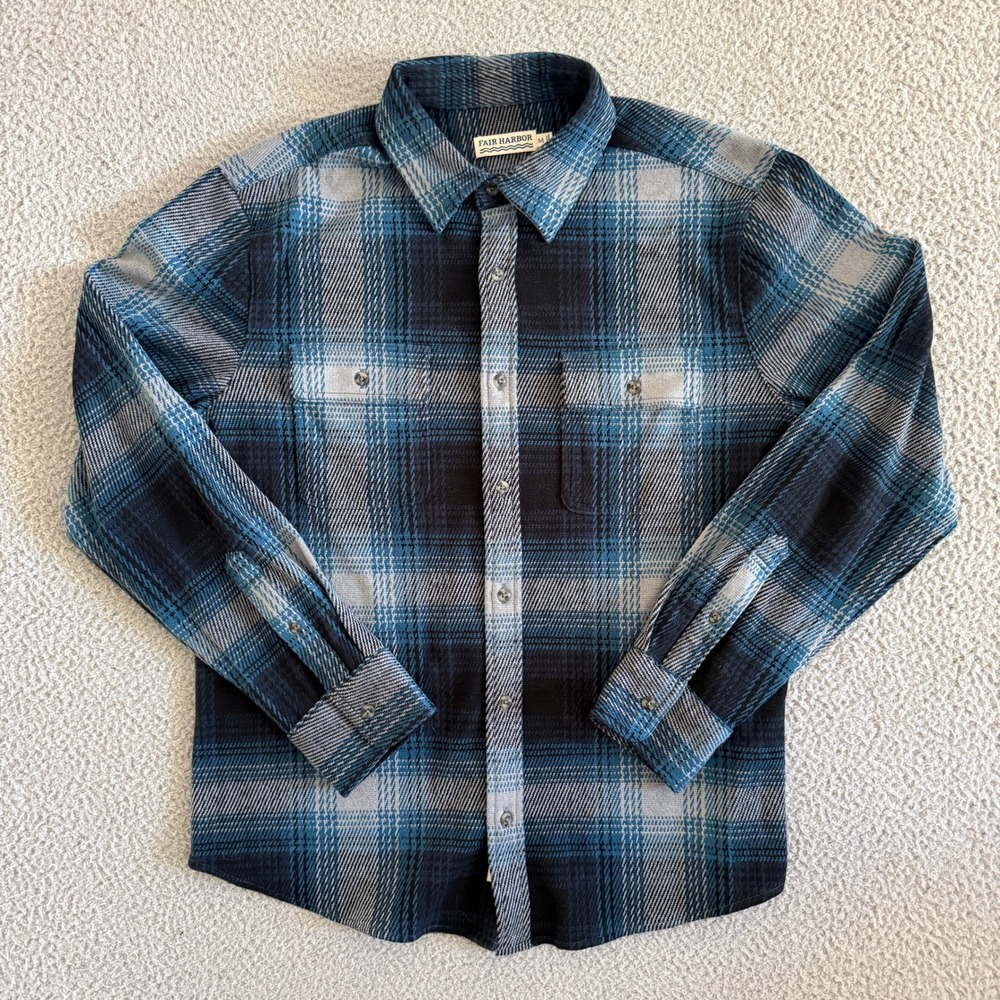 Fair Harbor Dunewood Flannel Shirt Mens Medium Blue Plaid Recycled Stretch